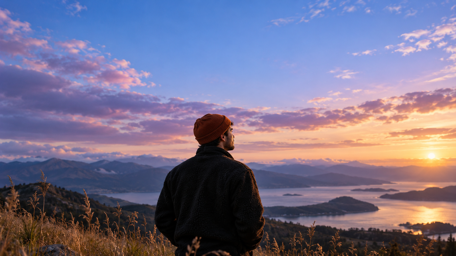 Entrepreneur looking toward a new horizon at sunset